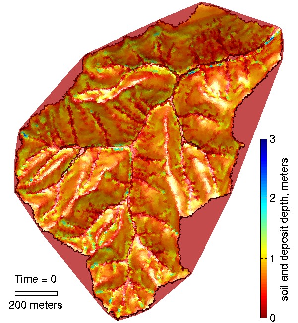 shaded relief map of Hoffman Creek tributary colored by soil and deposit thickness